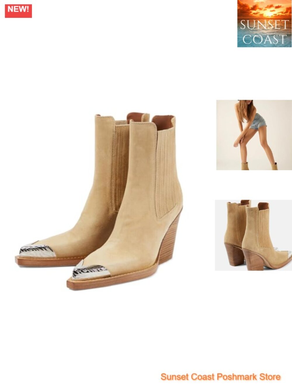 Suede Western Cowboy Ankle Boots Pointed Toe Stacked Block Heel Slip On Booties